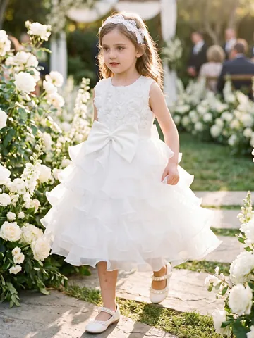 White 3D Floral Girls Princess Dress Gorgeous Mesh Tutu Flower Girl Wedding Party Gown Sleeveless Large Bow Ball Gown For Kids