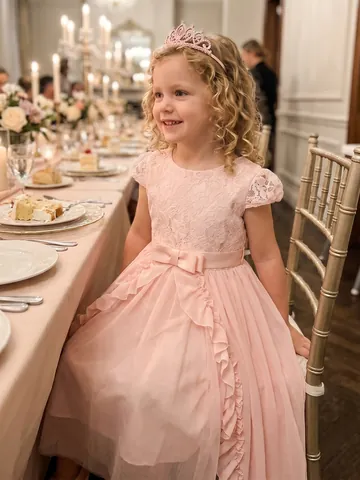 Elegant Pink Lace Chiffon High-Low Flower Girl Dress For Girls Wedding Party Birthday Formal Gown High-Low Hem Princess Dress