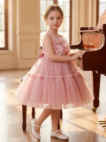 Mädchen Rosa Glitzerndes Netzprinzessinnenkleid Elegantes Blumenmädchen Funkelndes Pailletten-Tutu-Kleid Für Party Hochzeit Kinderkleid
