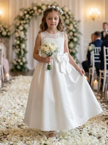 Weiß Satin Spitze Mädchen Partykleid Elegant Schleife Ärmellos A-Linie Blumenmädchen Kleid Hochzeit Geburtstag Formell Kinder Gown