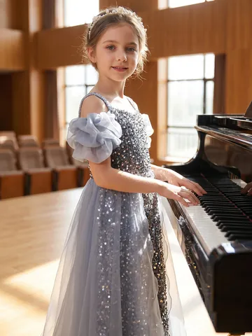 Silver Gray Girls Sequin Princess Dress Shiny Tulle Flower Girl Formal Gown Host Performance Bubble Sleeve Dress