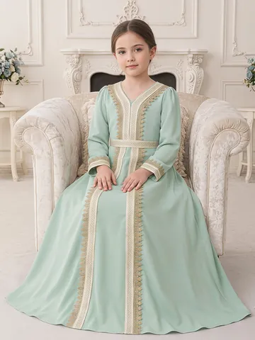 Ethnic Style Mint Green Girls Long Sleeve Dress With Gold Lace Embroidery Kaftan Gown For Wedding Party Formal Event