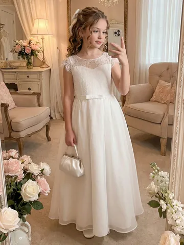 Flower Girl White Lace Chiffon Dress Elegant Princess Banquet Formal Gown For Kids Girls Wedding Party Evening Long Dress