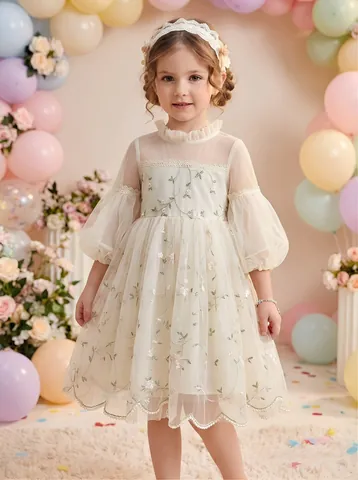 Flower Girl Vine Embroidery Mesh Tulle Dress For Girls Elegant French Vintage A-Line Princess Party Dress Lantern Sleeve Beige