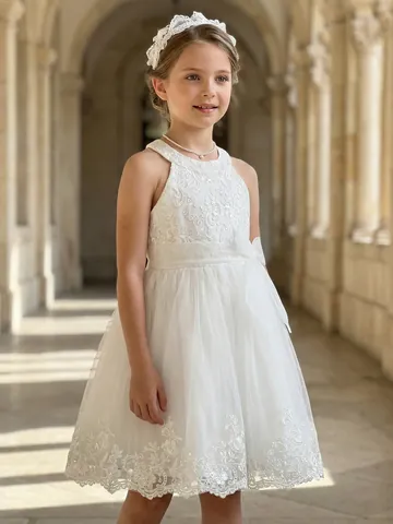 Elegant Girls Lace Mesh Halter Backless Dress Floral Embroidery Bow Tutu Princess Wedding Flower Girl Formal Ceremony Gown