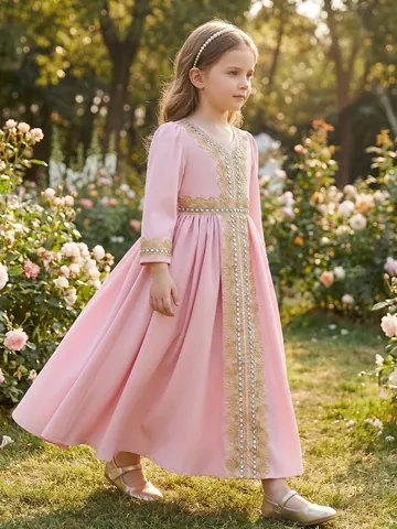 Girls Ethnic Luxury Embroidered Long Gown Pink Floral Tassel Formal Dress Kids Princess Wedding Performance Party Birthday Dress