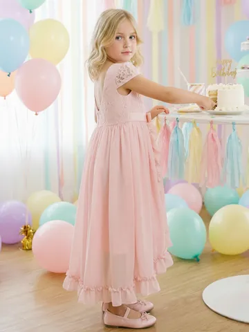 Elegant Pink Lace Chiffon High-Low Flower Girl Dress For Girls Wedding Party Birthday Formal Gown High-Low Hem Princess Dress