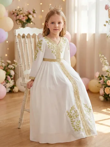 Girls Elegant White Ethnic Style Long Dress Gold Embroidery V-Neck Formal Party Gown Children Princess Dress