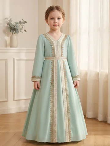 Ethnic Style Mint Green Girls Long Sleeve Dress With Gold Lace Embroidery Kaftan Gown For Wedding Party Formal Event