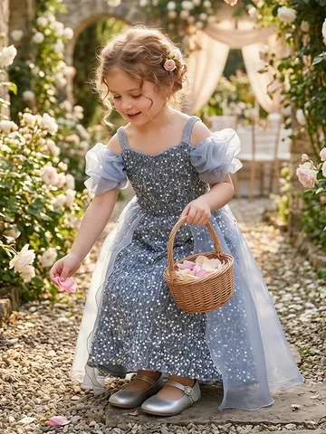 Silver Gray Girls Sequin Princess Dress Shiny Tulle Flower Girl Formal Gown Host Performance Bubble Sleeve Dress
