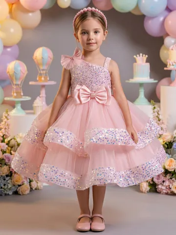 Pink Sequin Mesh Girls Flower Girl Dress Sleeveless Bowknot One Shoulder Princess Party Wedding Banquet Dress For Kids