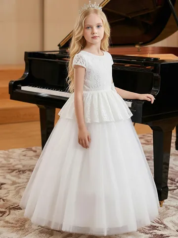 White Lace Mesh Flower Girl Dress Elegant Sleeveless Bow Princess Wedding Party Pageant Long Gown For Kids Girls