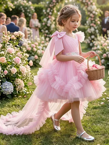 Kids Girls Mesh Performance Dress Sequin Asymmetric Shoulder Bow Tiered Tulle Princess Ball Gown With Long Trail