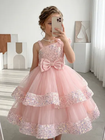 Pink Sequin Mesh Girls Flower Girl Dress Sleeveless Bowknot One Shoulder Princess Party Wedding Banquet Dress For Kids