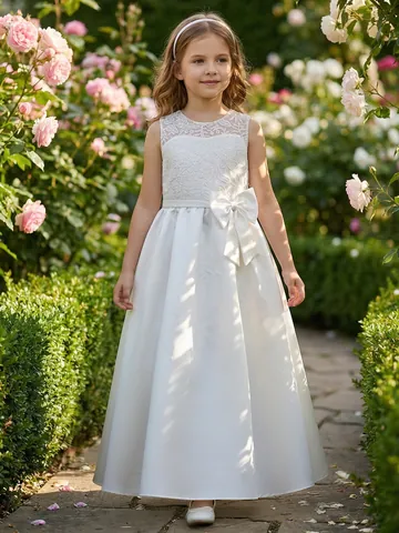 Weiß Satin Spitze Mädchen Partykleid Elegant Schleife Ärmellos A-Linie Blumenmädchen Kleid Hochzeit Geburtstag Formell Kinder Gown