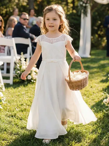 Flower Girl White Lace Chiffon Dress Elegant Princess Banquet Formal Gown For Kids Girls Wedding Party Evening Long Dress