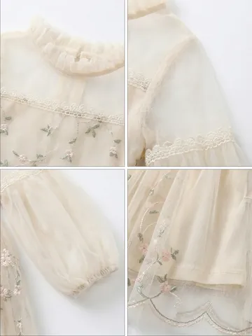 Flower Girl Vine Embroidery Mesh Tulle Dress For Girls Elegant French Vintage A-Line Princess Party Dress Lantern Sleeve Beige