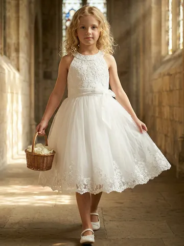 Elegant Girls Lace Mesh Halter Backless Dress Floral Embroidery Bow Tutu Princess Wedding Flower Girl Formal Ceremony Gown