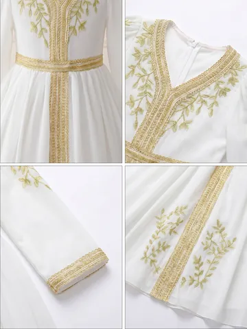 Girls Elegant White Ethnic Style Long Dress Gold Embroidery V-Neck Formal Party Gown Children Princess Dress