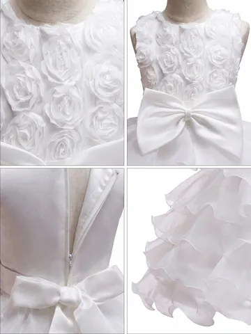 White 3D Floral Girls Princess Dress Gorgeous Mesh Tutu Flower Girl Wedding Party Gown Sleeveless Large Bow Ball Gown For Kids