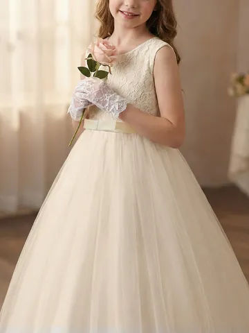 Elegant Flower Girl Dress Sleeveless Lace Mesh Princess Gown For Wedding Party Ceremony Kids Formal Long Tulle Dress