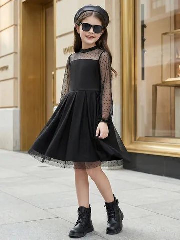 Abito da Ragazza Elegante in Maglia a Pois Nero Manica Lunga Festa Principessa Tutu Matrimonio Damigella Compleanno Bambini Abbigliamento
