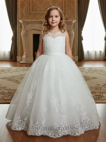 Flower Girl White Lace Applique Princess Dress Sleeveless Mesh Tulle Ball Gown For Wedding Party Girls Formal Ceremony