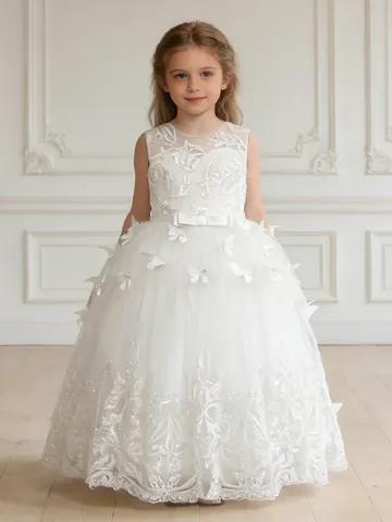 Elegant White Flower Girl Dress 3D Butterfly Lace Embroidery Tulle Trailing Princess Gown For Wedding Party Pageant Kids Dress