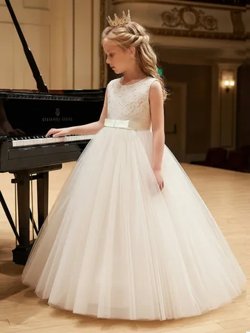 Elegant Flower Girl Dress Sleeveless Lace Mesh Princess Gown For Wedding Party Ceremony Kids Formal Long Tulle Dress