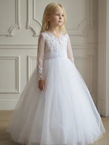 Girls Princess Lace Embroidery Gown White V-Neck Long Sleeve Mesh Tutu Dress For Flower Girl Wedding Party Formal Dress
