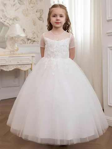 Girls Off White Lace Embroidery Mesh Tutu Princess Dress Flower Girl Wedding Party Gown Kids Formal Ceremony Long Dress