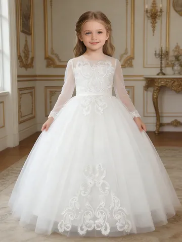 Elegant White Flower Girl Lace Embroidery Mesh Dress Long Sleeve Princess Ball Gown For Wedding Party Formal Kids Dress