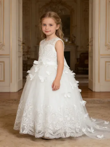 Elegant White Flower Girl Dress 3D Butterfly Lace Embroidery Tulle Trailing Princess Gown For Wedding Party Pageant Kids Dress