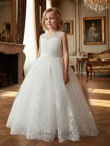 Flower Girl White Lace Applique Princess Dress Sleeveless Mesh Tulle Ball Gown For Wedding Party Girls Formal Ceremony