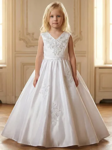 Girls Sleeveless Lace Embroidery Princess Gown White V-Neck Flower Girl Dress For Wedding Party Formal Ceremony Kids Clothing