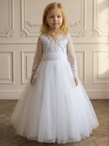 Girls Princess Lace Embroidery Gown White V-Neck Long Sleeve Mesh Tutu Dress For Flower Girl Wedding Party Formal Dress