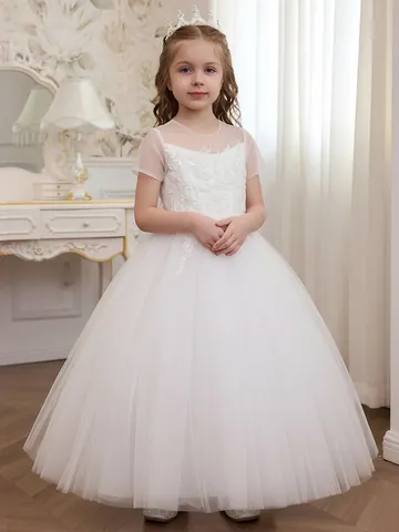 Girls Off White Lace Embroidery Mesh Tutu Princess Dress Flower Girl Wedding Party Gown Kids Formal Ceremony Long Dress