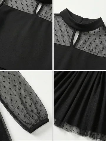 Abito da Ragazza Elegante in Maglia a Pois Nero Manica Lunga Festa Principessa Tutu Matrimonio Damigella Compleanno Bambini Abbigliamento