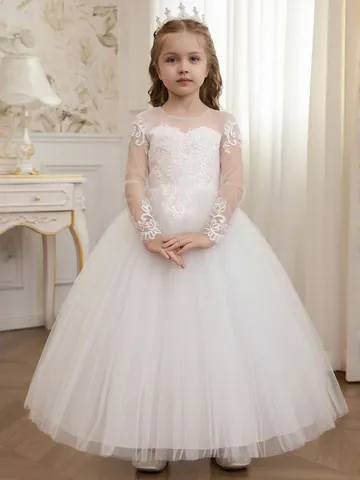 Mädchen Prinzessin Spitze Bestickt Kleid Langarm Weiß Netz Tutu Hochzeit Party Blumenmädchen Ballkleid Elegant Zeremoniell Kleidung