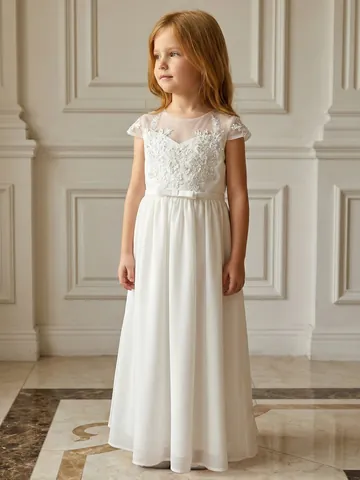 Elegant White Girls Lace Chiffon Flower Girl Dress Vintage Princess Wedding Party Communion Long Gown For Kids Girls