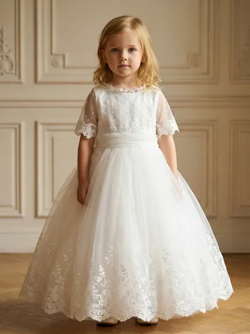 Elegant White Lace Embroidery Flower Girl Wedding Dress For Girls Princess Mesh Formal Performance Party Host Kids Dress