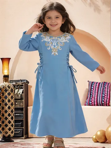 Vestido Largo de Túnica Etnica para Niñas con Bordado Manga Larga Poliéster Elegante Azul Cielo Vestido Kaftán para Niños