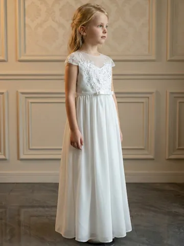 Elegant White Girls Lace Chiffon Flower Girl Dress Vintage Princess Wedding Party Communion Long Gown For Kids Girls