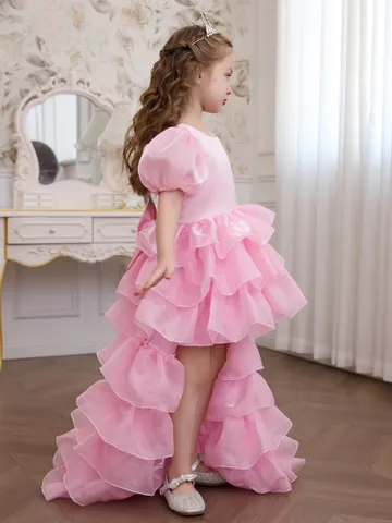 Girls Pink Lace Tulle Tutu Cake Dress High-Low Tail Princess Wedding Flower Girl Party Gown Puff Sleeve Dress