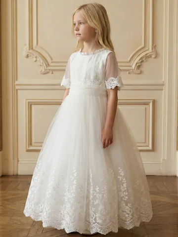 Elegant White Lace Embroidery Flower Girl Wedding Dress For Girls Princess Mesh Formal Performance Party Host Kids Dress