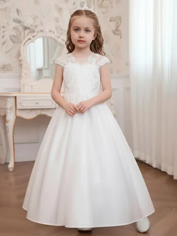 Vestito da Principessa per Bambina in Pizzo e Rete Bianco Abito da Damigella Matrimonio Festa Elegante Bambini Senza Maniche
