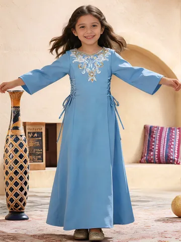 Vestido Largo de Túnica Etnica para Niñas con Bordado Manga Larga Poliéster Elegante Azul Cielo Vestido Kaftán para Niños