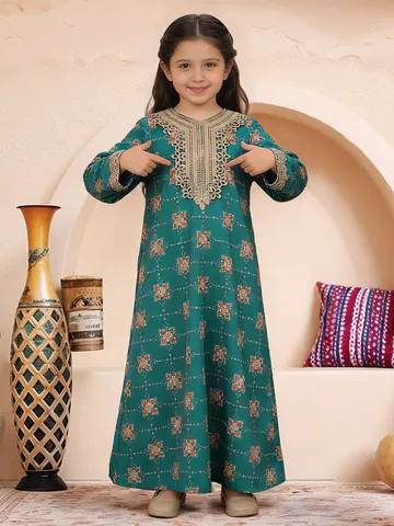 Girls Long Sleeve Maxi Dress Teal Lace Patchwork Floral Print Ethnic Boho Party Dress Kids Abaya Dress Polyester
