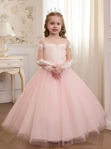 Girls Pink Lace Mesh Embroidery Princess Long Dress Elegant Flower Girl Pageant Party Gown Toddler Kids Tulle Dress