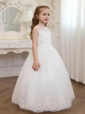 Weißes Spitze Tüll Blumenmädchen Kleid Elegantes Prinzessinnenkleid Für Hochzeit Geburtstag Party Formelle Veranstaltung Kinder Feiertagskleid